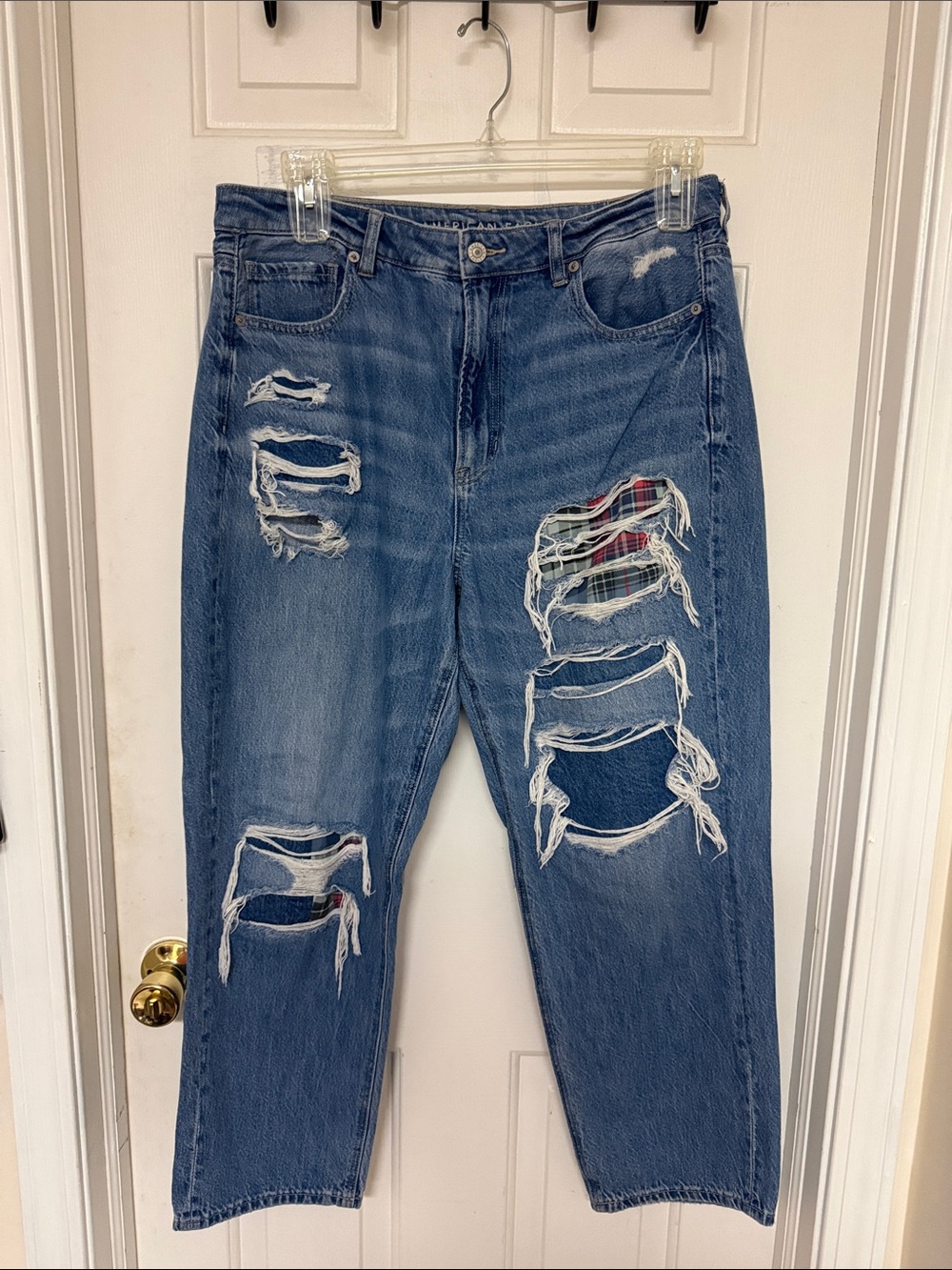 American Eagle Distressed Blue Women's Jeans with Plaid Patch Accents